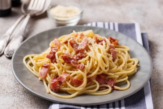 Pasta,Carbonara,With,Bacon,And,Parmesan.,Selective,Focus