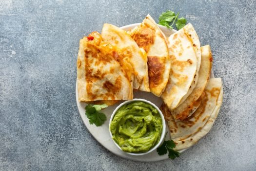 Shrimp,And,Cheese,Quesadillas,With,Red,Pepper,And,Cilantro,Served